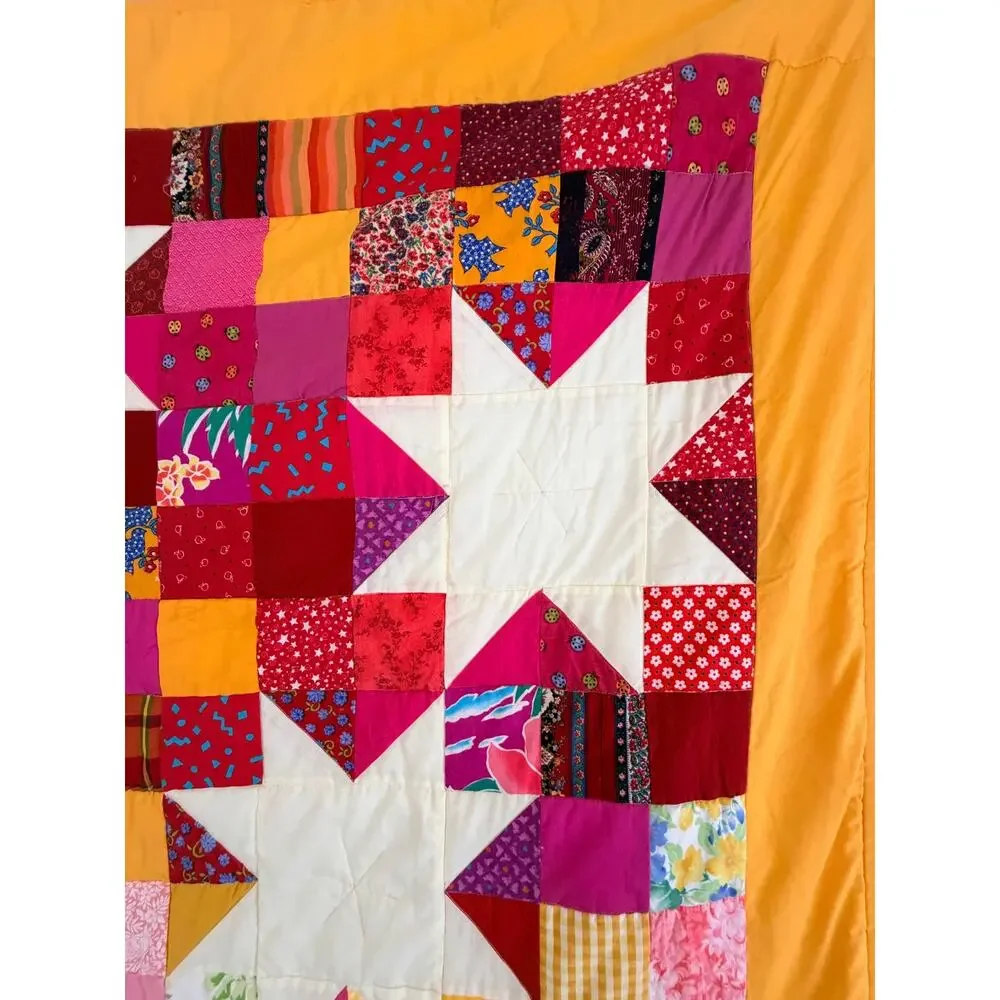 Handmade Scrappy Pink Yellow Calico Sawtooth Star Quilt Wall Hanging Large Throw